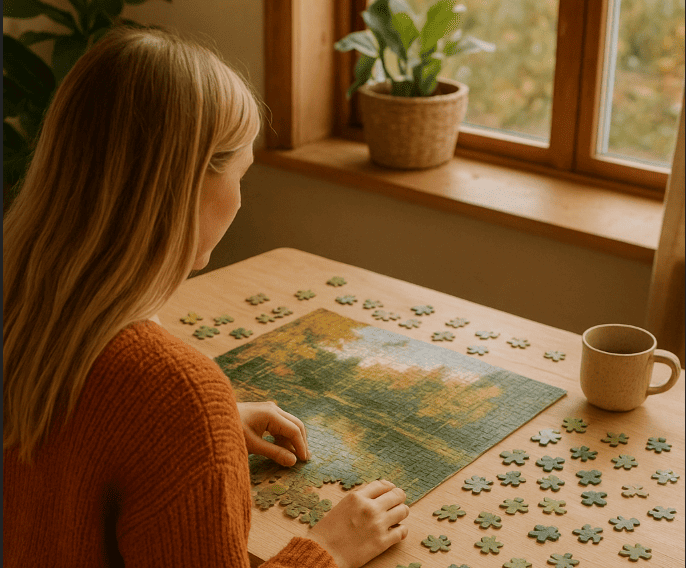 Femme réalisant un puzzle écoresponsable dans une ambiance naturelle et apaisante.