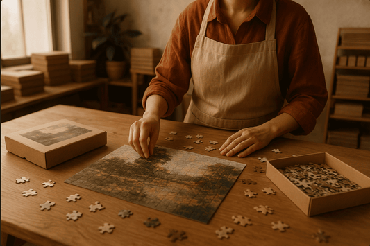 Atelier de fabrication de puzzles en France avec pièces en carton, marque française et ambiance artisanale.