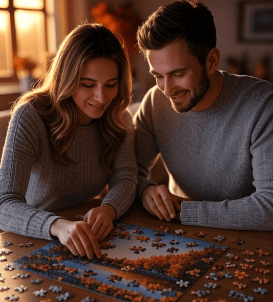 couple qui assemble un puzzle reçu dans une box abonnement mensuelle