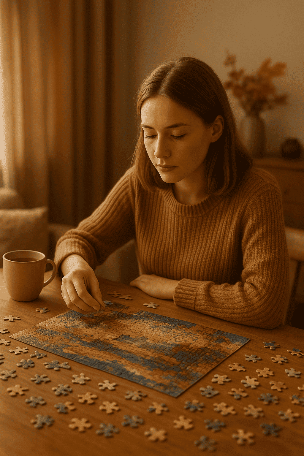 Main plaçant une pièce de puzzle dans un intérieur cosy, ambiance automnale illustrant la concentration et la détente.