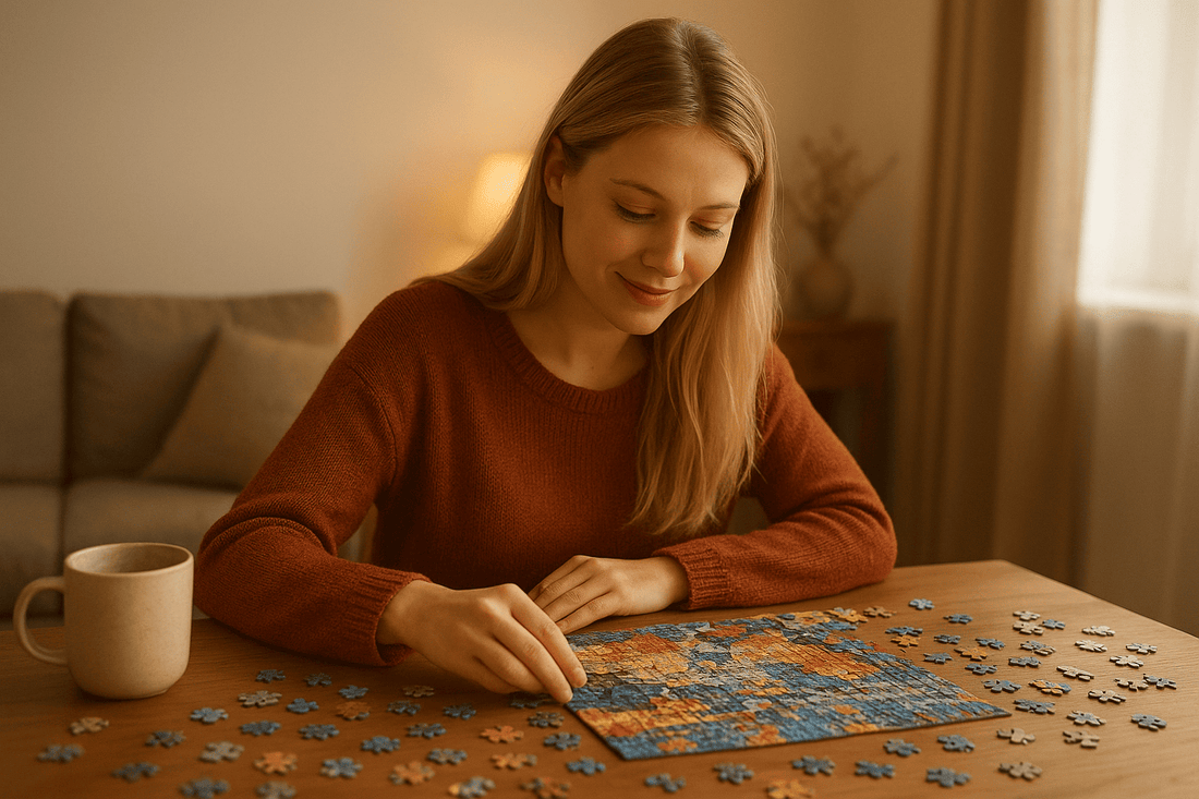 Femme adulte assise dans une ambiance cosy, en train d’assembler un puzzle coloré sur une table en bois, lumière douce et atmosphère apaisante.