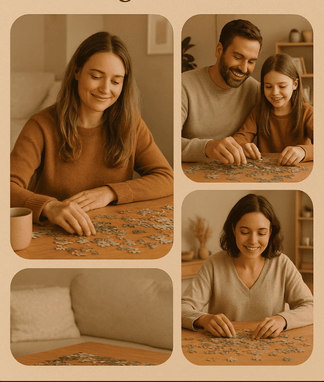 Femme souriante dans un intérieur cosy, assemblant un puzzle et partageant son expérience positive d’un abonnement puzzle.